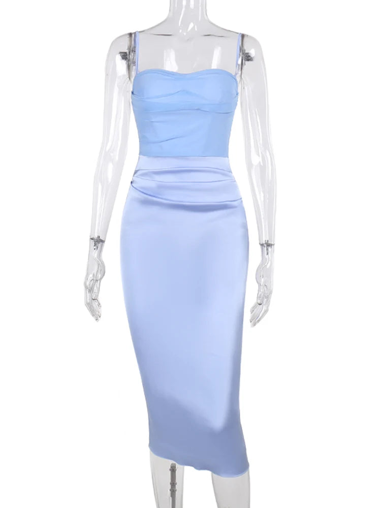 WannaThis Sexy Y2K Mesh Patchwork Spaghetti Strap Dress Women Casual Folds Sleeveless Fishbone Dress Elegant Club Party Clothes