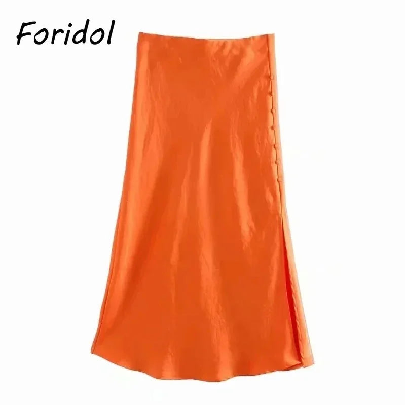 Foridol High Waist Button Slit Midi Satin Skirts Womens Autumn A-line Silk Elegant Skirt Bottoms Office Skirt Faldas Mujer