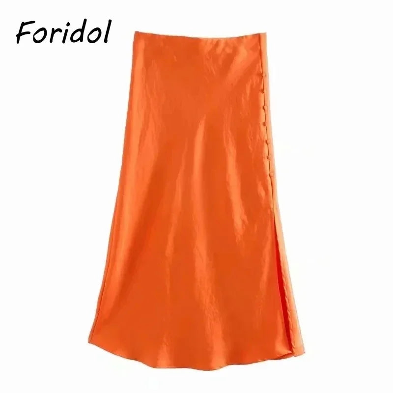 Foridol High Waist Button Slit Midi Satin Skirts Womens Autumn A-line Silk Elegant Skirt Bottoms Office Skirt Faldas Mujer