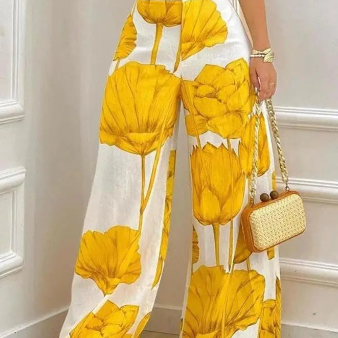 Two Piece Sets Womens Outifits Spring Fashion Plants Print Sleeveless Crop Cami Top & Casual Wide Leg Vacation Pants Set