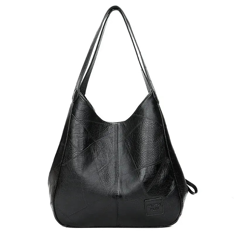 Vintage Women's Bag Leather Large Capacity Marble Grain Women's Shoulder Bag Daily Commuter Handbag (30cm<Max Length<50cm) Black