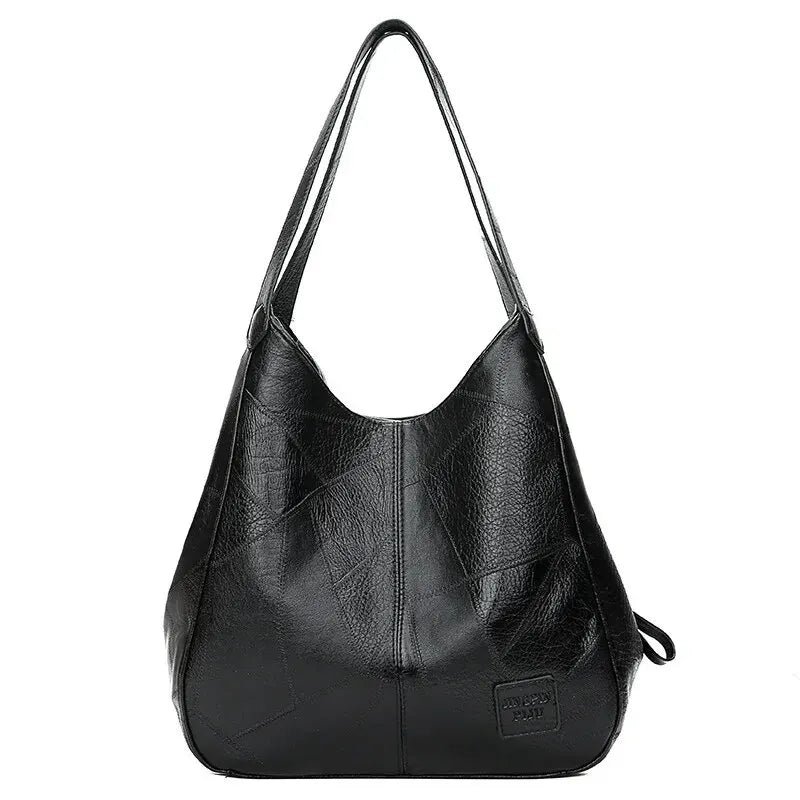 Vintage Women's Bag Leather Large Capacity Marble Grain Women's Shoulder Bag Daily Commuter Handbag (30cm<Max Length<50cm) Black