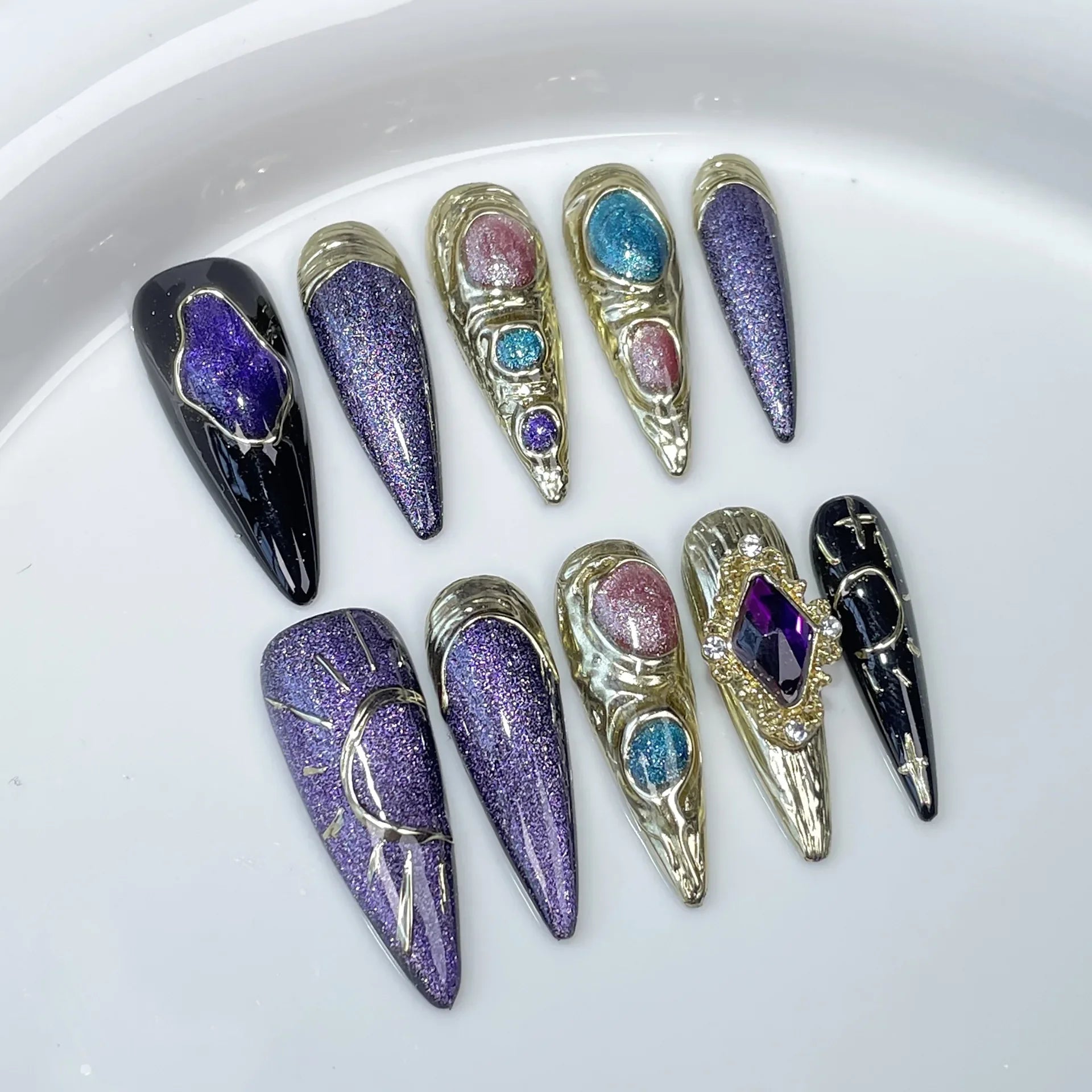 10 peças de unhas postiças estilo olho de gato roxo, estilo retrô, removíveis, com cobertura total, pontas de unhas artísticas