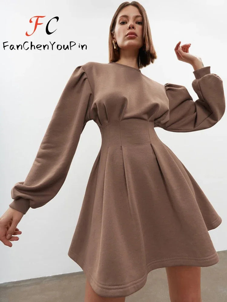 Spring Summer Women's Dress A-line Lantern Sleeves O-neck Short Skirt Vintage Slim Fit Pleated Temperament Dresses Female