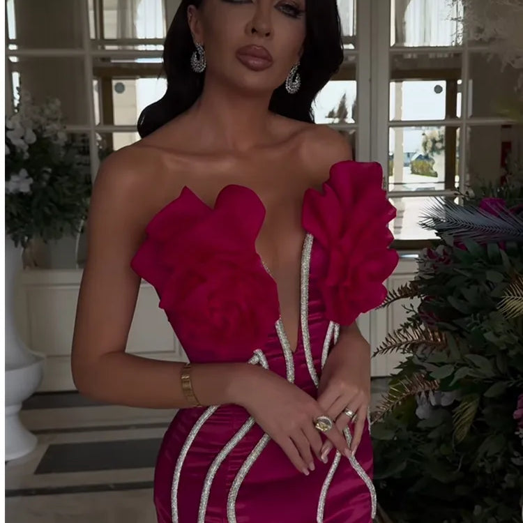 Vestido longo de bandagem rosa, sexy, sem alças, com contas e diamantes, para festa noturna, elegante, celebridade