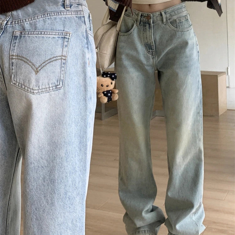 QWEEK Vintage 90s Jeans Women Y2k High Waist Light Blue Straight Pants Casual Streetwear Distressed Loose Floor Length Trousers Blue