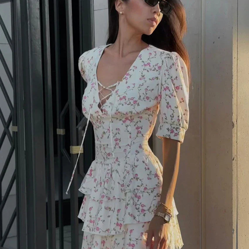 Clacive Summer Slim Print Women's Dress Sexy V-Neck Short Sleeve Mini Dresses Elegant High Waist Pleated Female Dress Beige CHINA