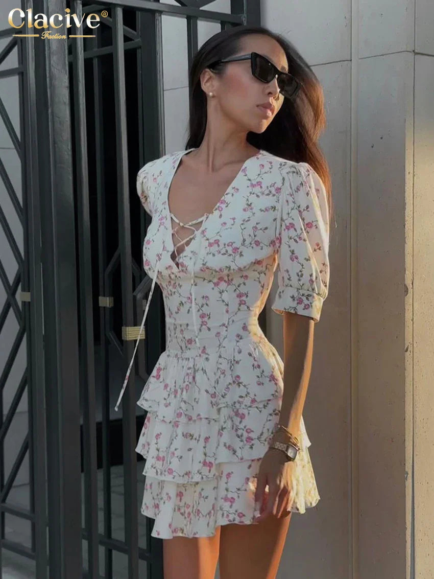 Clacive Summer Slim Print Women's Dress Sexy V-Neck Short Sleeve Mini Dresses Elegant High Waist Pleated Female Dress Beige CHINA