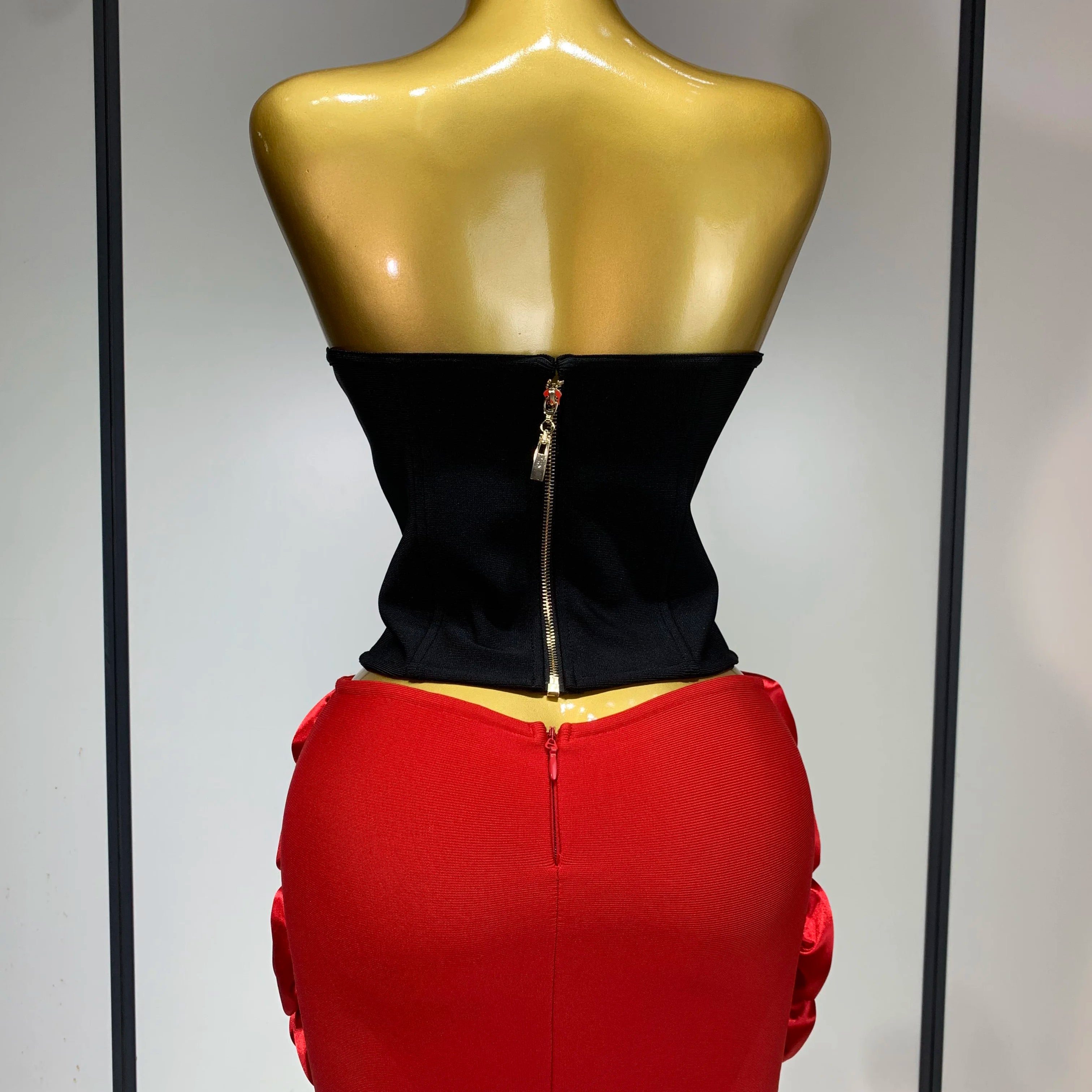 Women Fashion Strapless Red Flower Mini Two Pieces Skirt Bandage Set Celebrity Designer Fashion Stage Show Evening Party Outfit