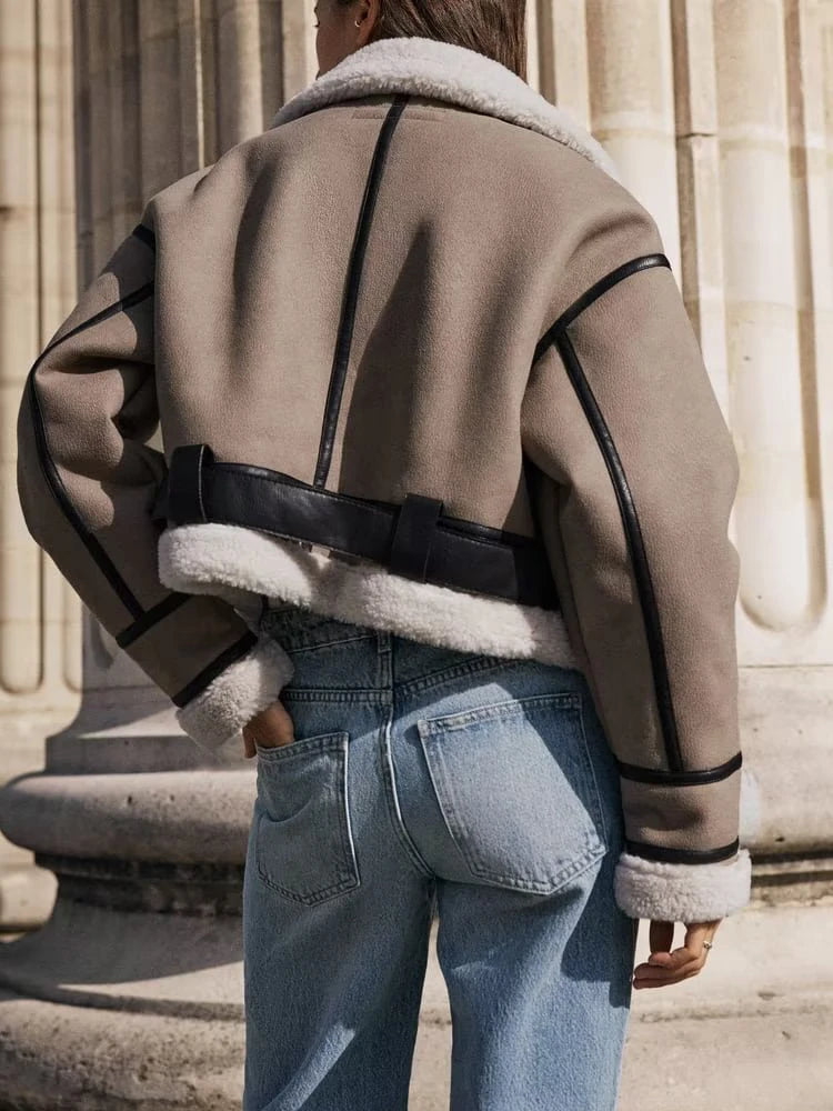 Women's Faux Fur Short Jacket Coat Fall Winter Metal Buckles Lapel Long Sleeves Faux Shearling Lining Jacket Warm Outerwear