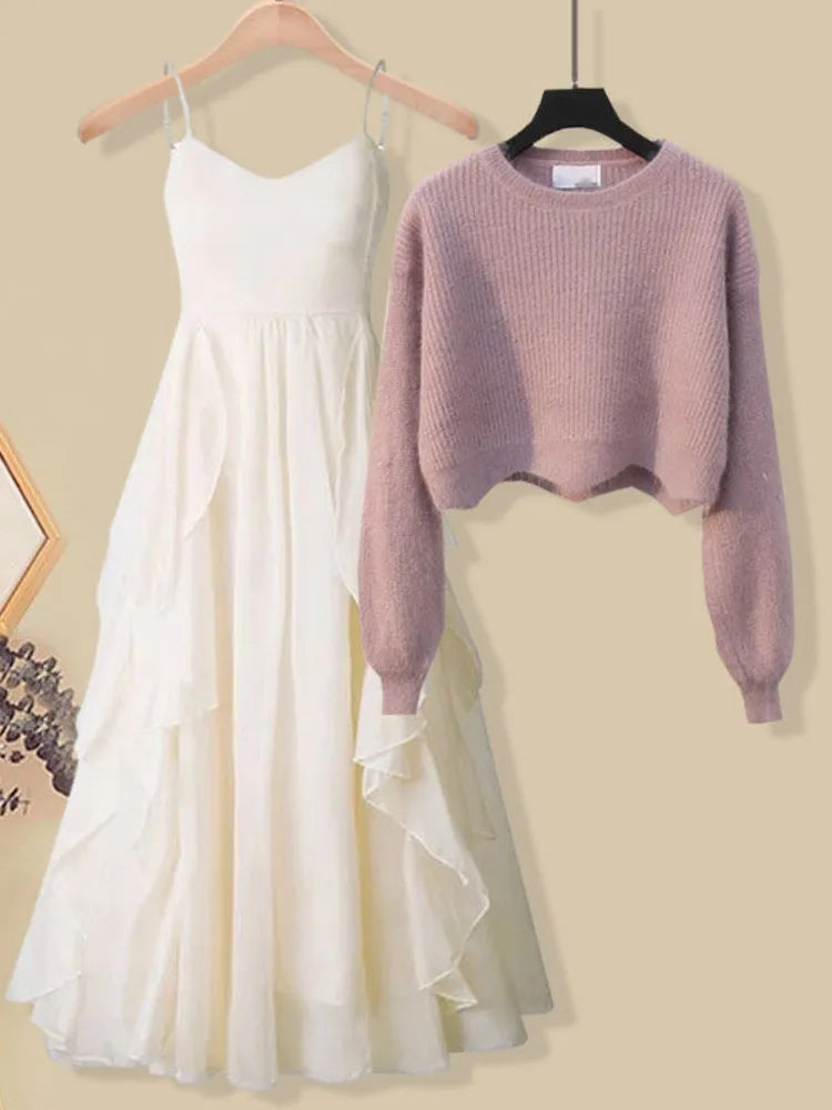 Women Spring Two Pieces Sets Korean Long Sleeve Knitted Sweater Cardigan And Ruffles Patchwork Mesh Long Dress Suit