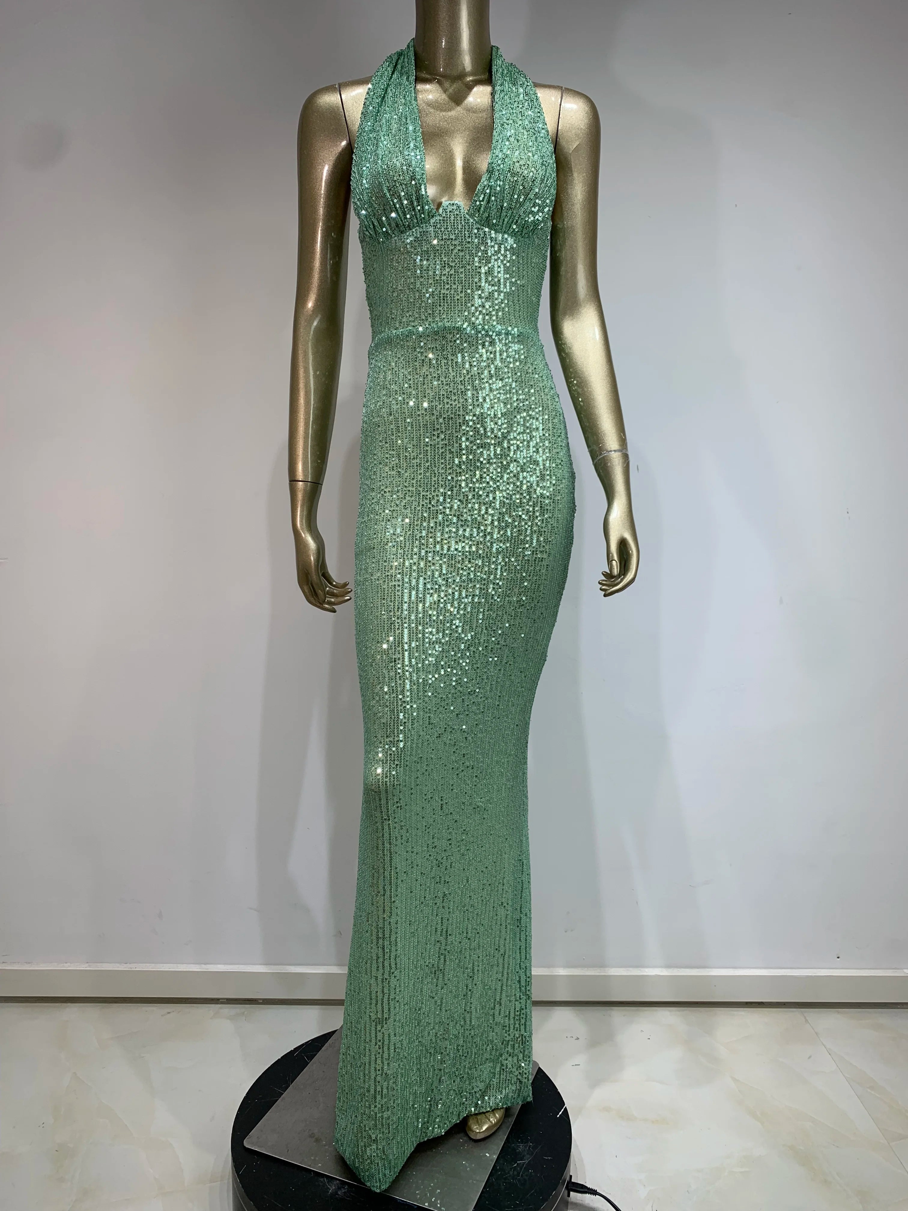 Women Celebrity Sexy Backless Halter Mesh Sequins Sparkly Maxi Long Gowns Dress 2024 Elegant Evening Party Club Dress Vestido
