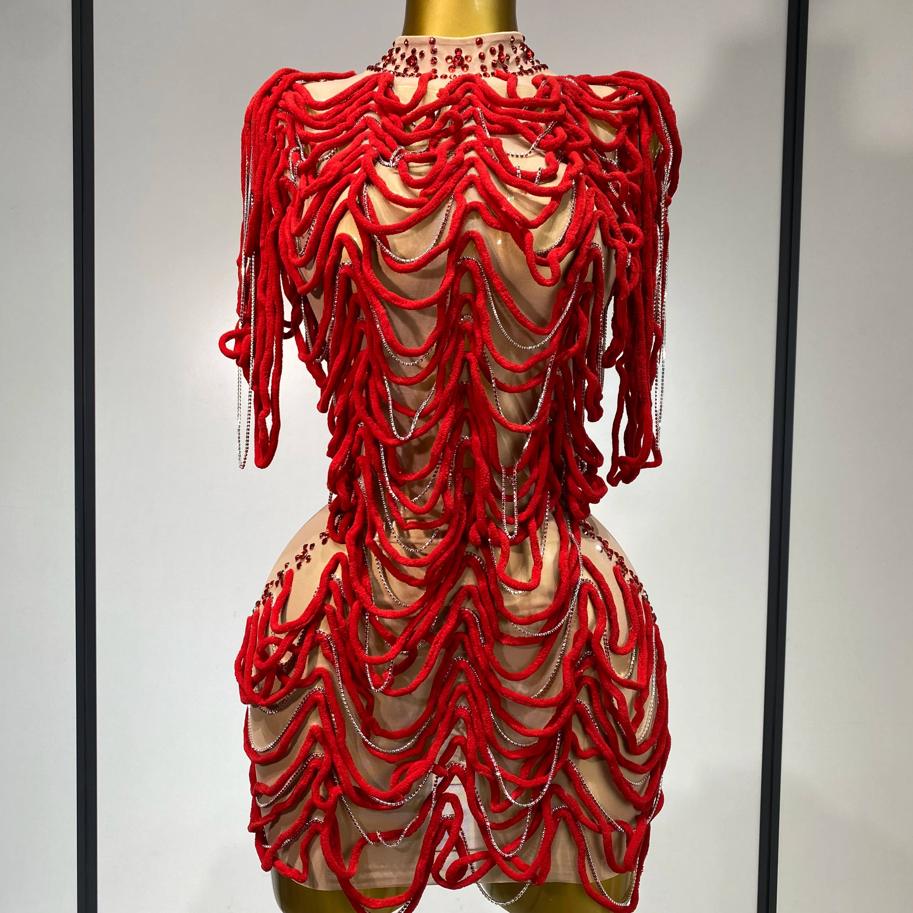 Women Sexy Mesh See Through Designer Rhinestones Chain Stage Performance Costume Nightclub Celebrate Party Luxury Birthday Dress