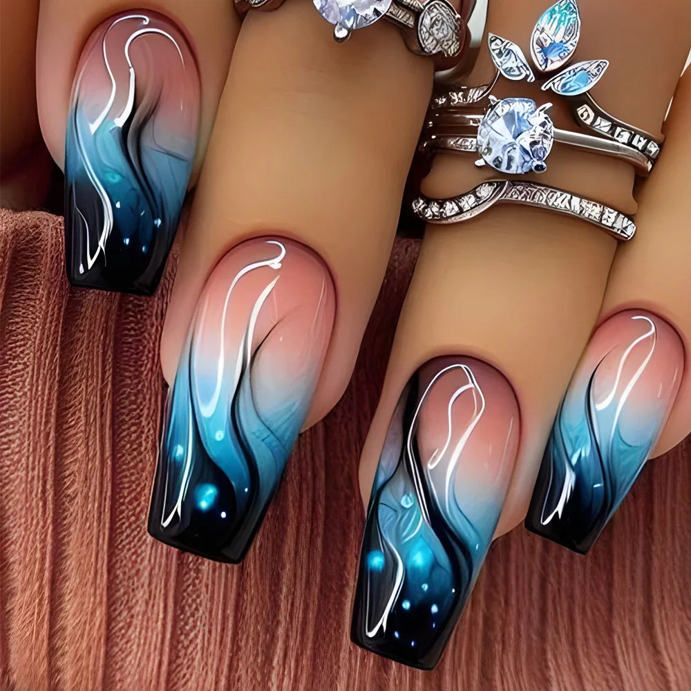 24pcs Gradient White False Nails Diamond Design Mid-length Square Press on Nails Sets Wearable Flower Butterfly Fake Nail Tips