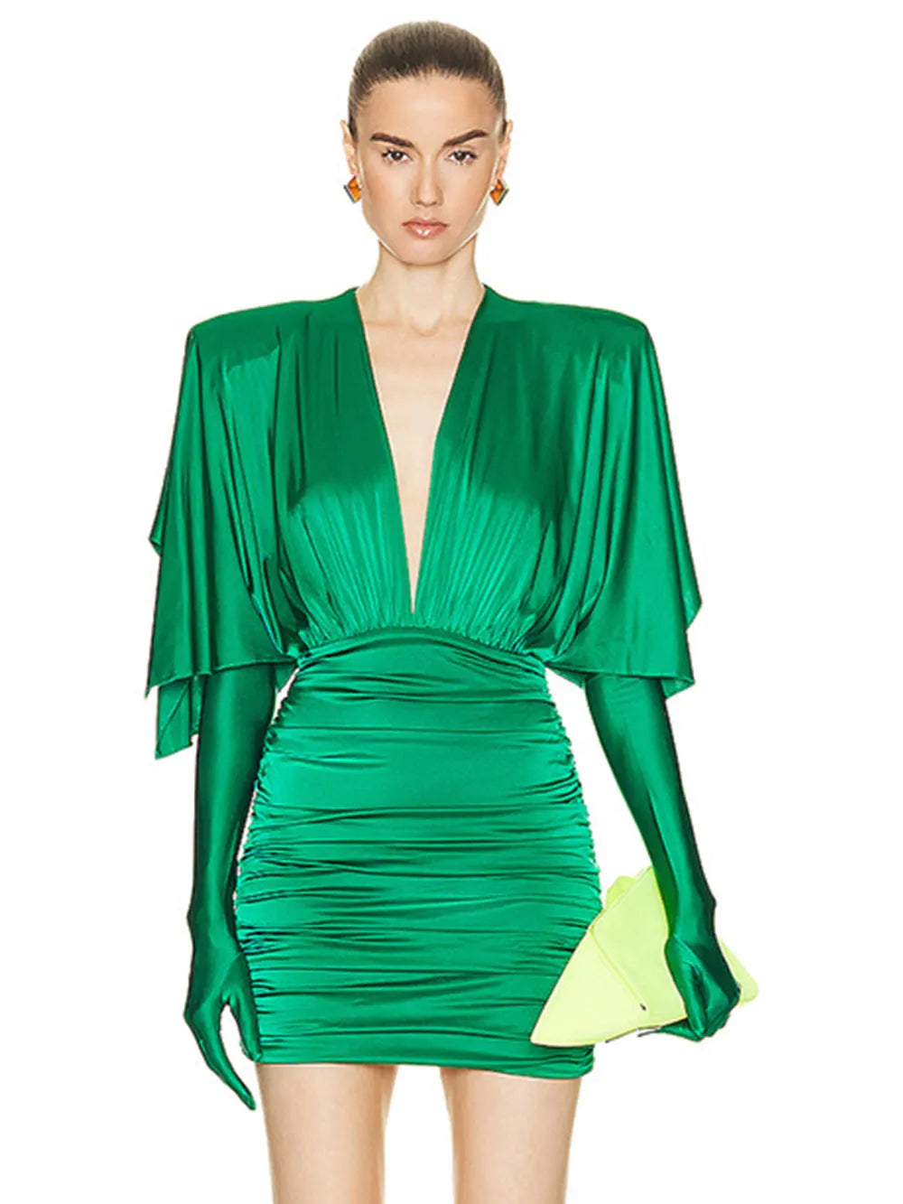 Women's Green Satin Dress Double Collar Bat Sleeve Glove Decoration Draped Loose Mini Dresses Cocktail Evening Party Vestidos