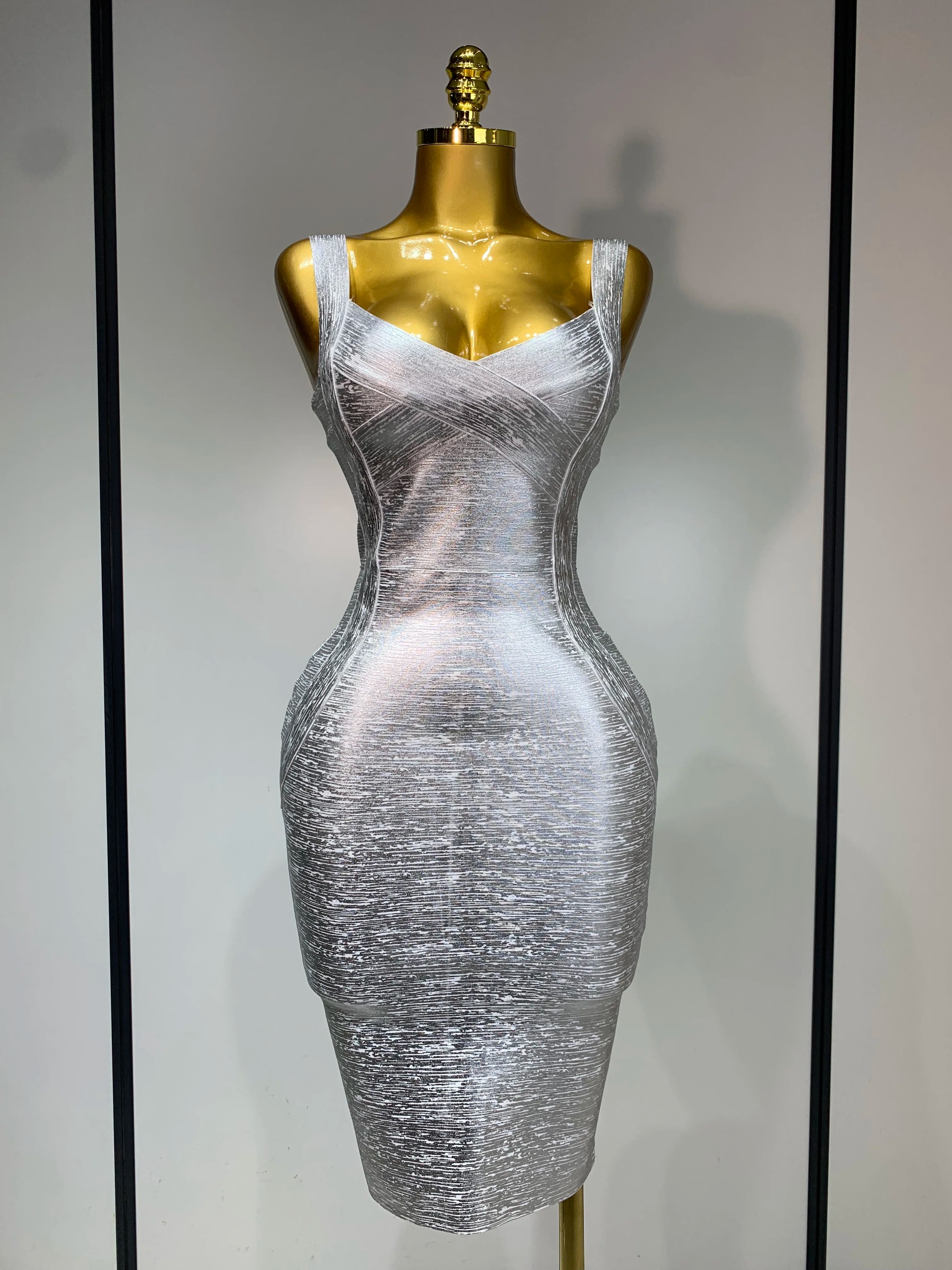 High Quality Women Sleeveless Bodycon Bandage Dress Celebrity Elegant Silver Gold Cocktail Party Birthday Dress Vestidos