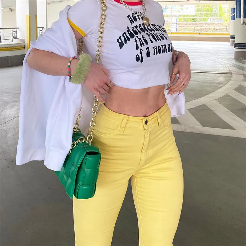 Women Stretch Flare Yellow Ripped Jeans Lady Vintage Y2K Punk High Waist Hips Strap Pants Lady Streetwear Bell Bottom Trousers