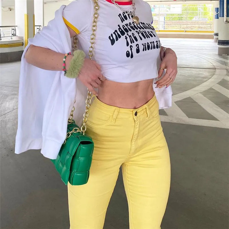 Women Stretch Flare Yellow Ripped Jeans Lady Vintage Y2K Punk High Waist Hips Strap Pants Lady Streetwear Bell Bottom Trousers