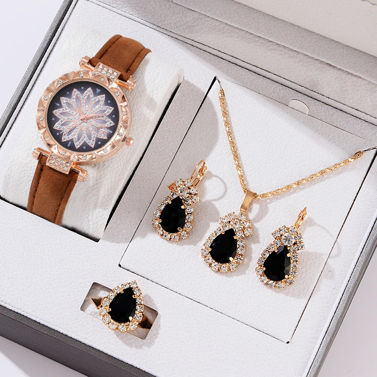 5pcs Set Watches Women Leather Band Ladies Watch Simple Casual Women's Analog WristWatch Bracelet Gift Montre Femme 5pcs set brown