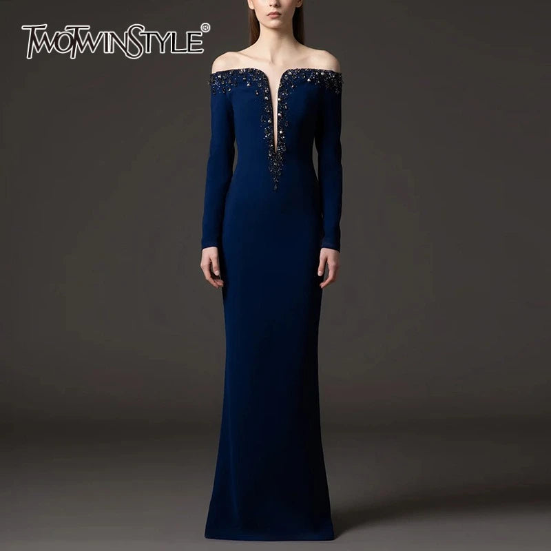 TWOTWINSTYLE Solid Slimming Spliced Bead Luxurious Elegant Dresses for Women Slash Neck Long Sleeves Temperament Dress Female