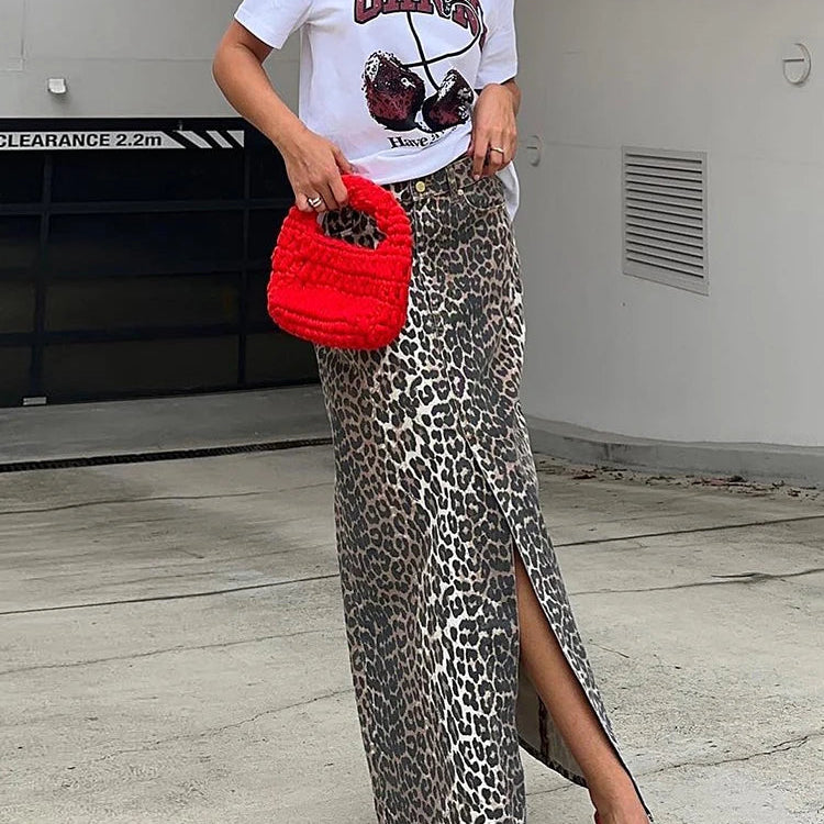 Mnealways18 Vintage Leopard Print Straight Skirts Female Street Chic High Waist Long Skirt Summer Office Split Skirt Cotton Leopard print