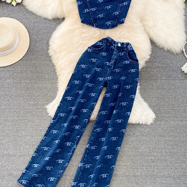 Fashion Set Women's Retro American Style Bra Denim Tank Top Two Piece Casual High Waist Slim Straight Trouser Set