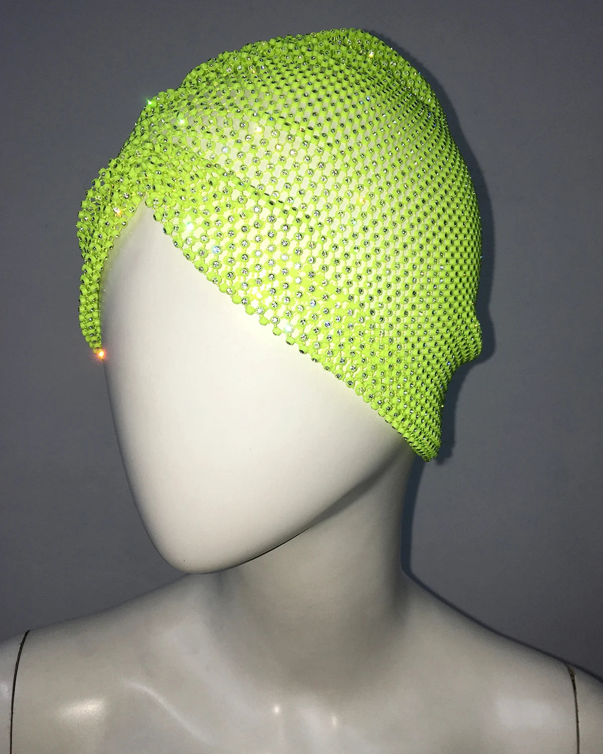Fishnet Diamond Luxury Cap for Women, Shiny Women's Hat, Rhinestone Kerchief, Hip Hop Headwear, Nightclub Party, Fashion Beanies green One Size