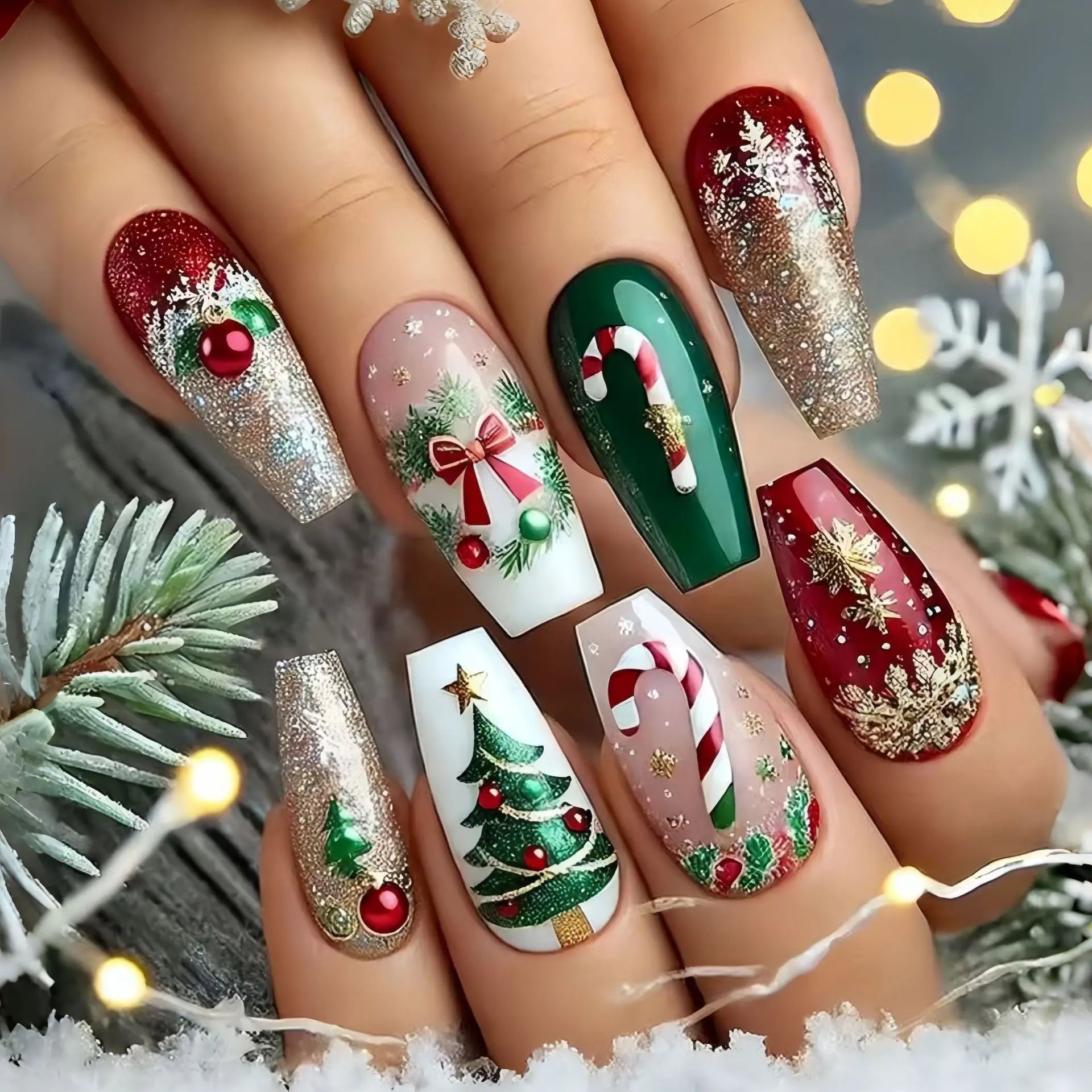 24pcs Snowflake Design Fake Nails Sets Christmas Red Mid-length Ballet Press on Nails Tips Reusable Coffin False Nail Manicure