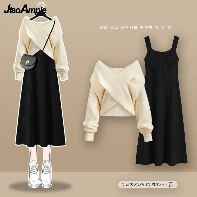 Women's Autumn Winter Knit Dress Two Piece Fashion Cross Sweater+Suspended Skirt Matching Set Korean Elegant Chic Suit