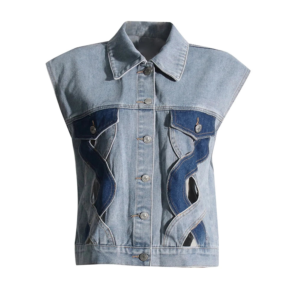 Colorblock Hollow Out Casual Denim Waistcoats For Women Lapel Sleeveless Spliced Single Breasted Streetwear Waistcoat Female Blue