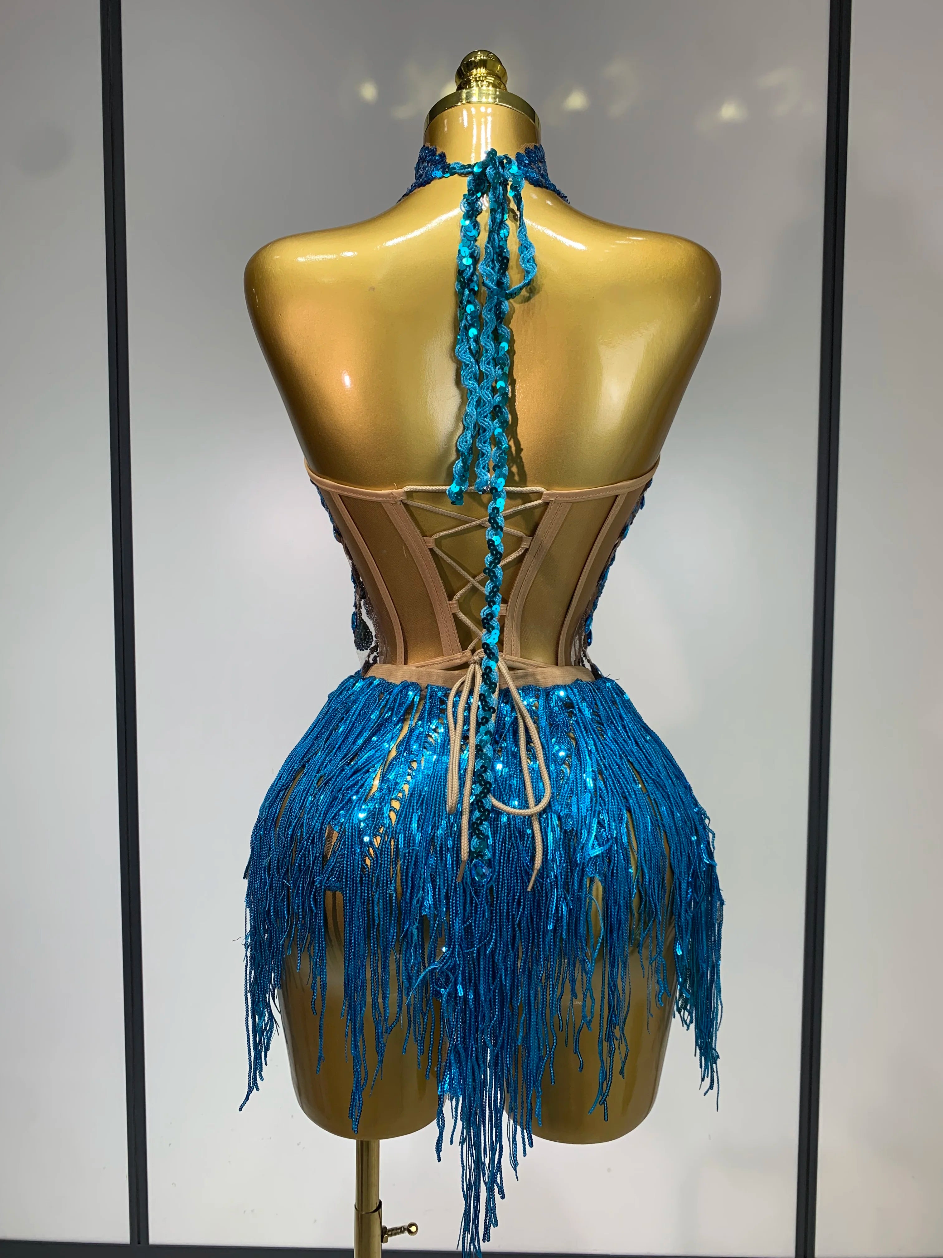 Women Sexy Shinning Rhinestone Tassels Two Pieces Set Nightclub Evening Party Birthday Bar Dancer Performance Stage Costume