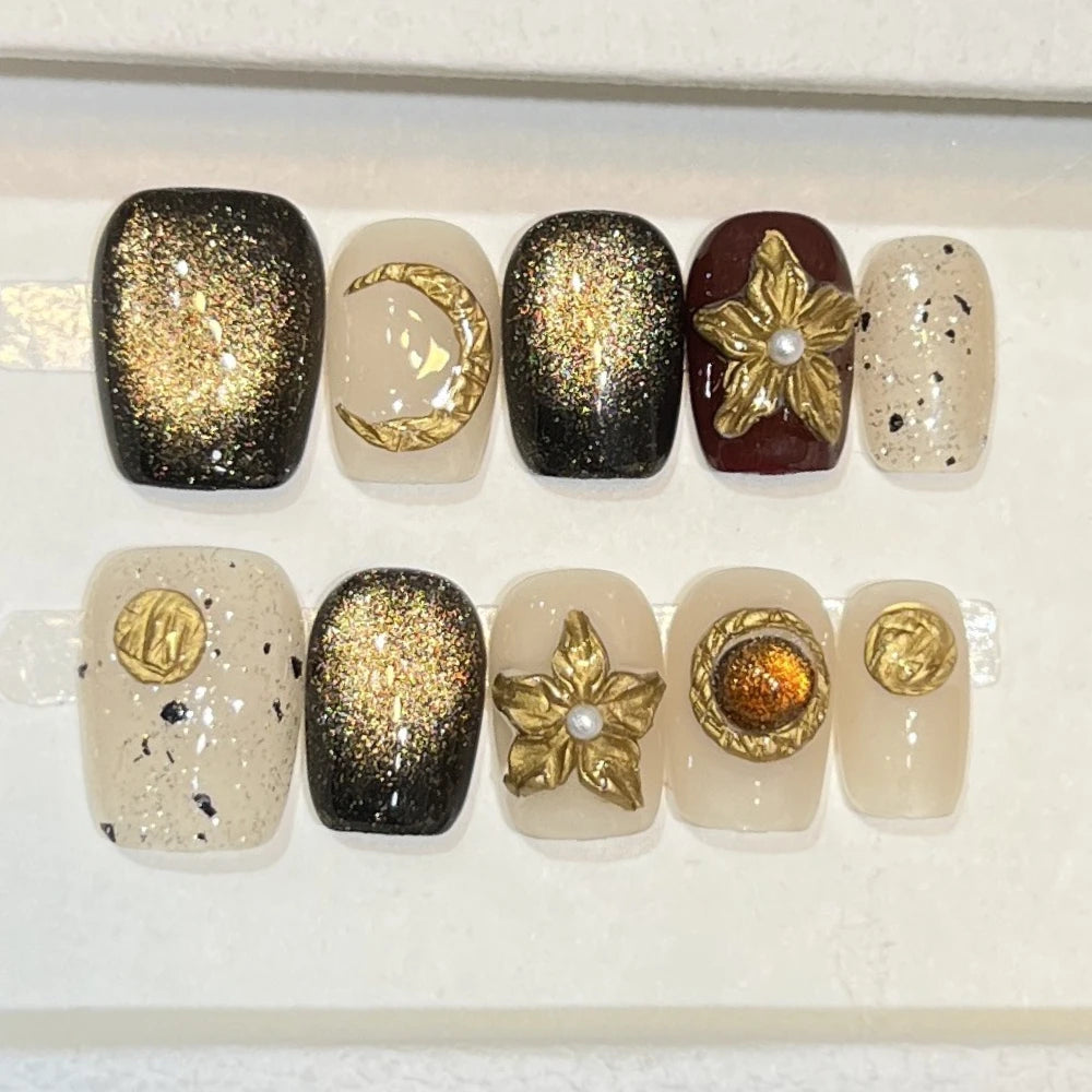 10Pcs Handmade Short Square Fake Nail French Gold Flower Cat Eye Press on Nails Full Cover Sun Moon Starlight Wearable Manicure