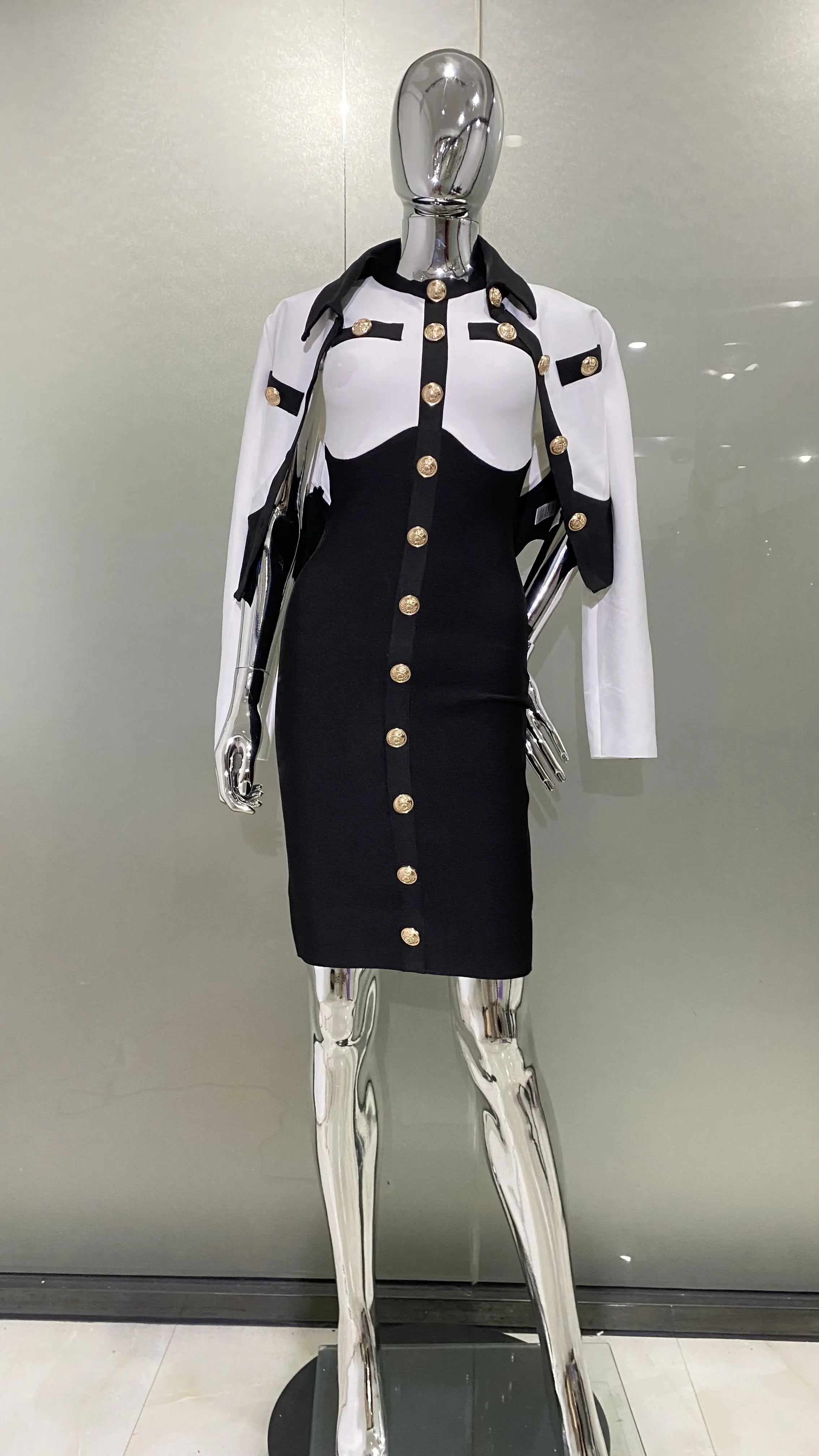 New Arrivals Fashionable Women's Bandage Set Golden Buttons White Patchwork Black Coat And Sleeveless Bodycon MIini Dress