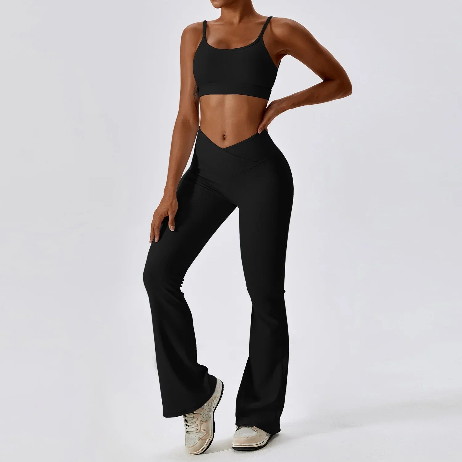 2PCS Seamless Yoga Set Gym Clothes Sportswear Yoga Suits For Women Fitness Rib Tracksuits Sports Bra Gym Leggings Sports Suits Advanced Black Set-1 CHINA