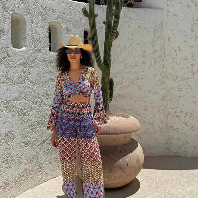 Fashion Vintage Print Long Flare Sleeve Top Wide Leg Pants Suit Elegant Women V Neck Crop Tops Elastic Waist Trousers Set Outfit