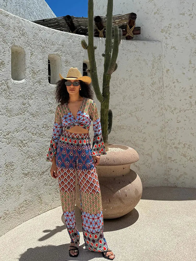 Fashion Vintage Print Long Flare Sleeve Top Wide Leg Pants Suit Elegant Women V Neck Crop Tops Elastic Waist Trousers Set Outfit