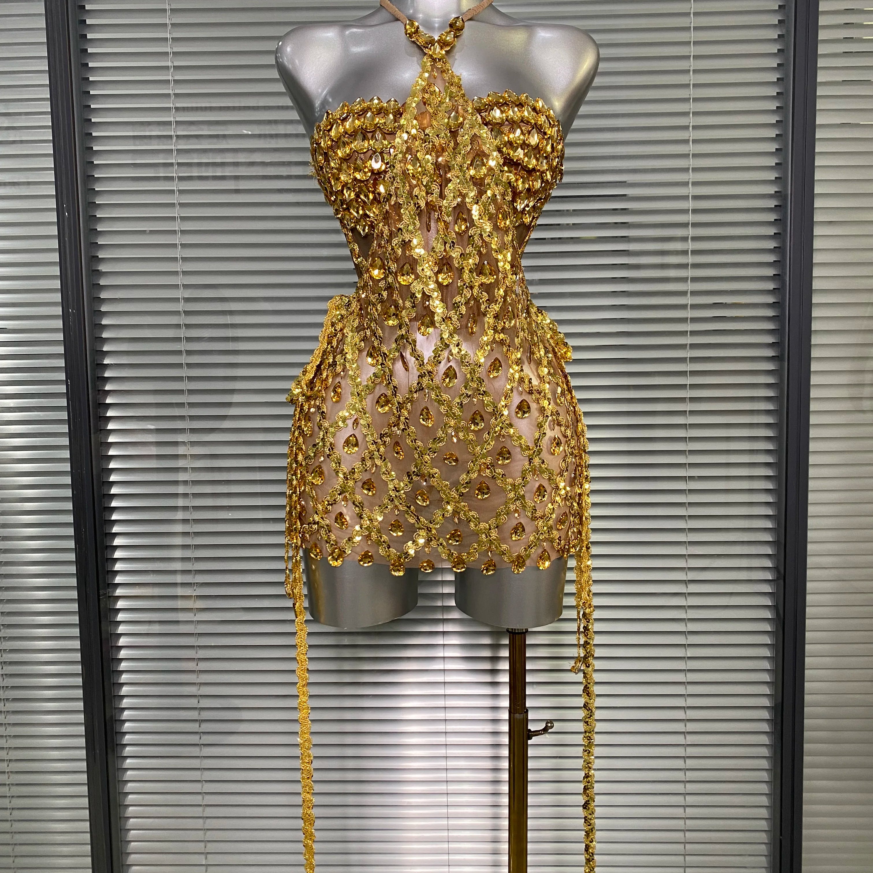 Women Sexy See Through Mesh Gold Pink Costume Stage Dancer Singer Night Club Celebrity 2 Pieces Set Mini Party Dress