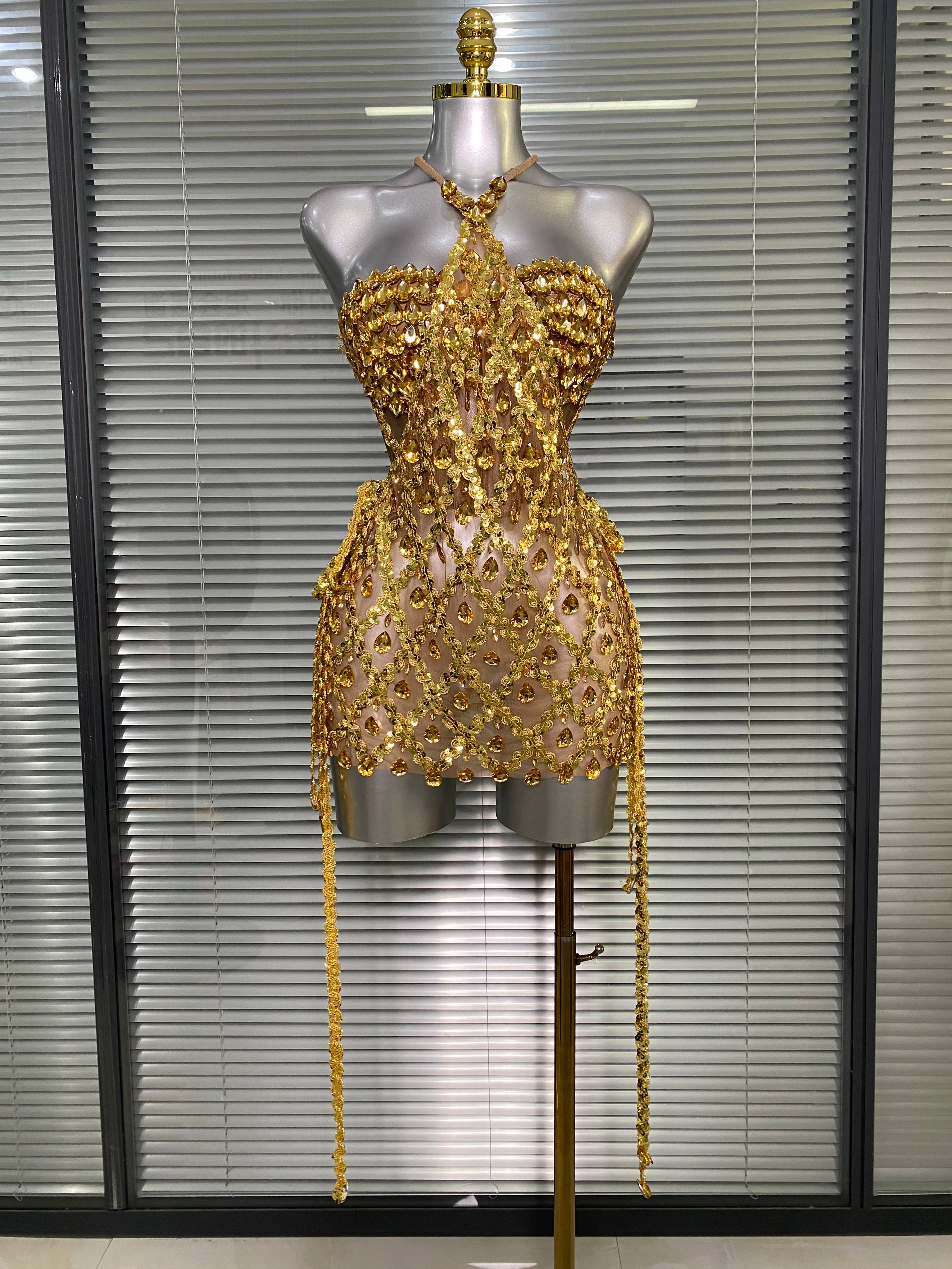 Women Sexy See Through Mesh Gold Pink Costume Stage Dancer Singer Night Club Celebrity 2 Pieces Set Mini Party Dress