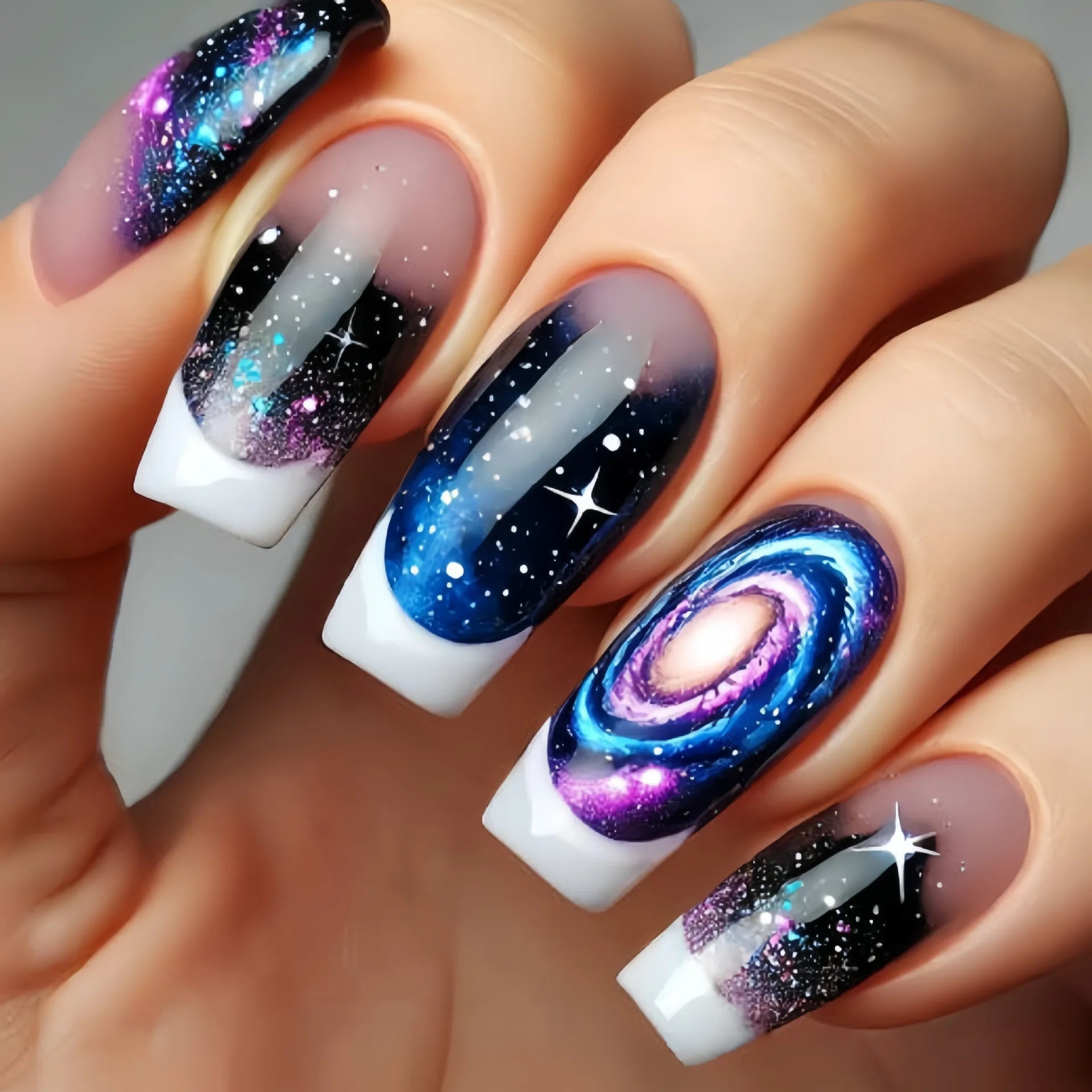 24pcs Romantic Sky Press on Nail Pink Purple Gradient Starry Sky False Nails Wearable European Square Head Fake Nails for Women
