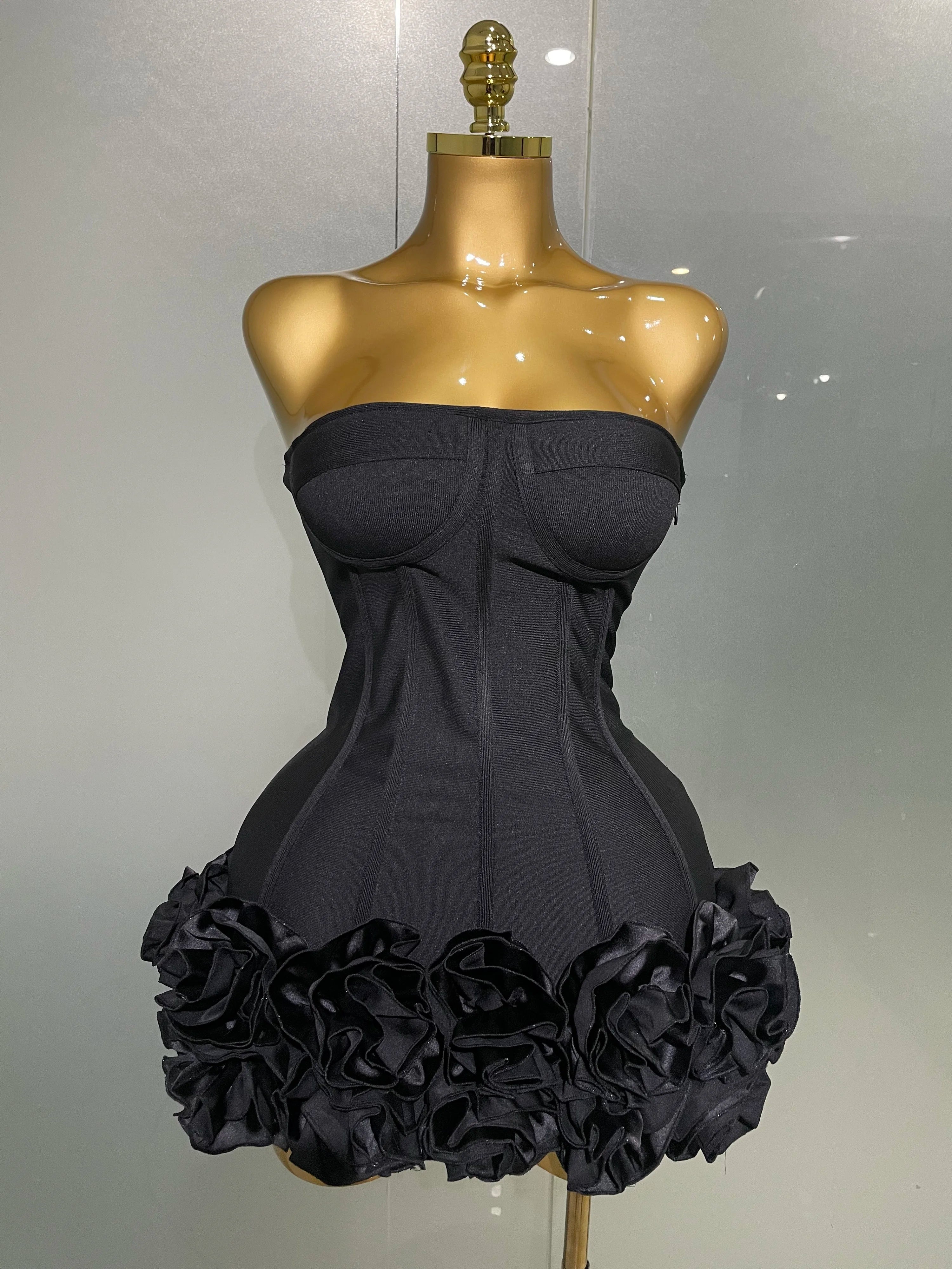 Women Evening Bandage Dress Strapless Bodycon Flowers Mini Celebrity Sexy Birthday Party Dresses Photo Shoot Nightclub Outfit