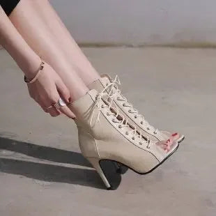 Sandals Hollowed Mesh Heels Belt Buckle Women's Summer Beige Lace-up Sexy Open Toe Boots Stiletto Jazz Dance Party Ladies Shoes 880-1 1
