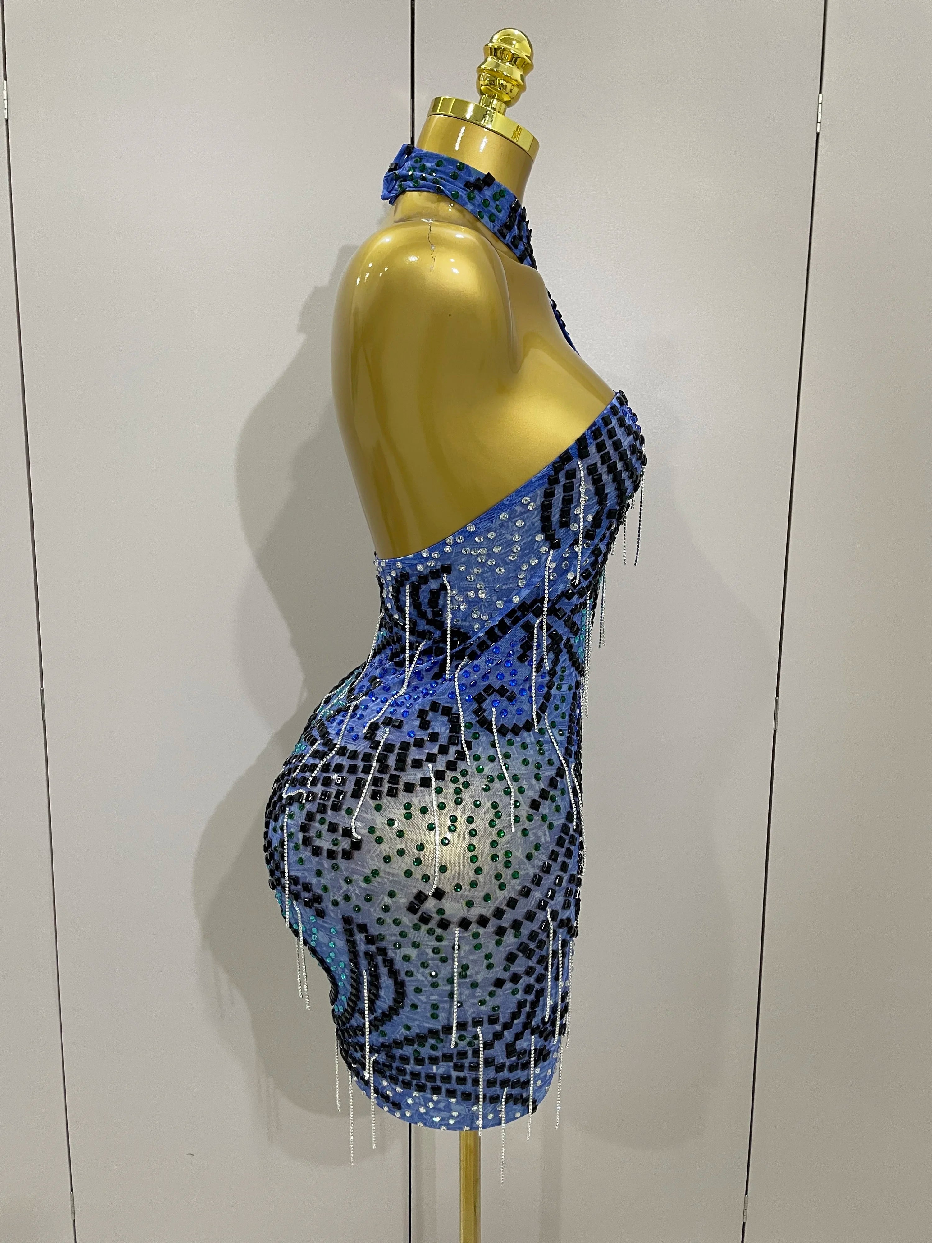 Sexy Sparkly Rhinestones Chains Blue Mesh Short Dress 2025 New Women Party Celebrate Birthday Dresses Photo Shoot Stage Wear