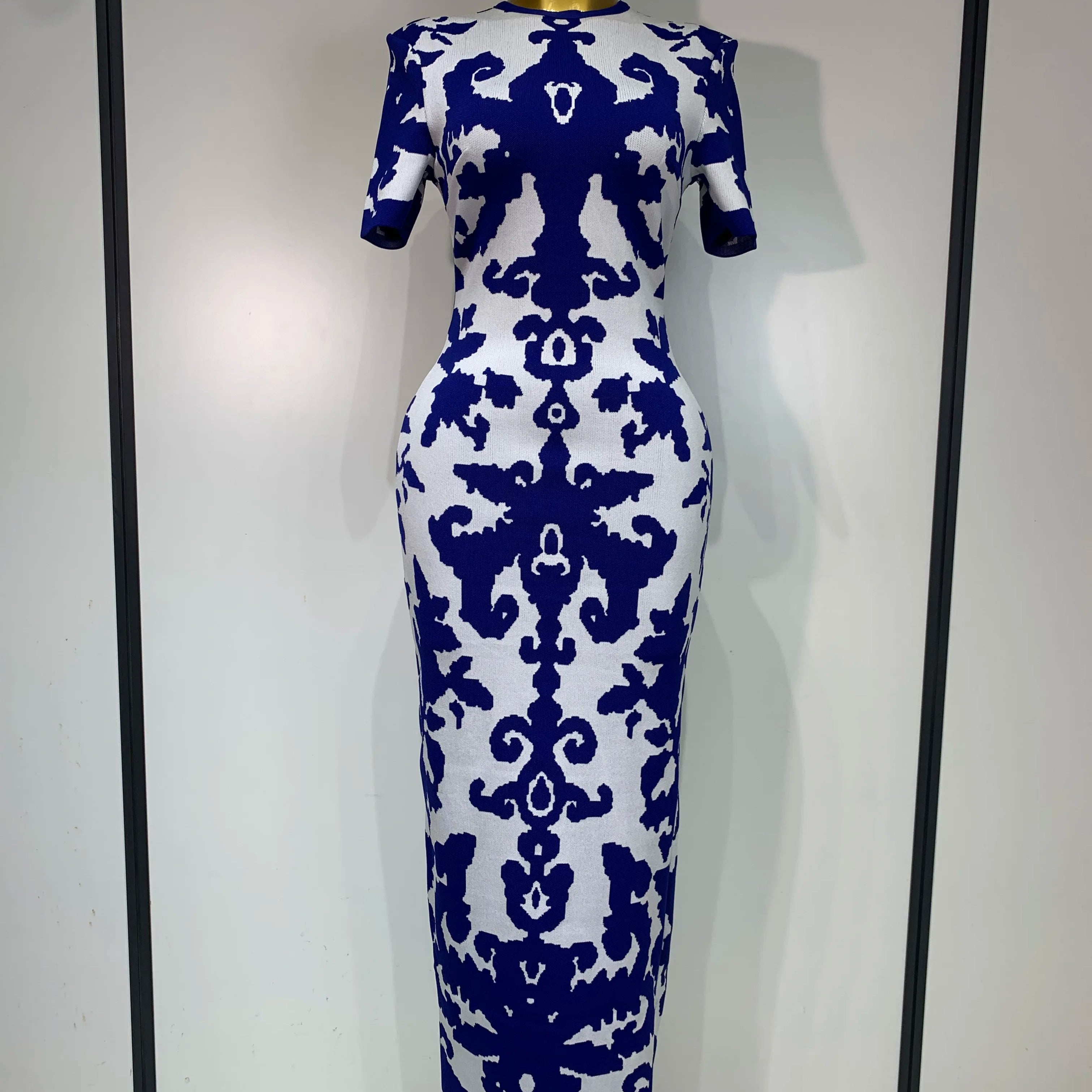 Women Sexy Short Sleeve Jacquard Blue Maxi Long Bodycon Bandage Dress 2025 Celebrity Elegant Evening Club Party Luxury Dresses