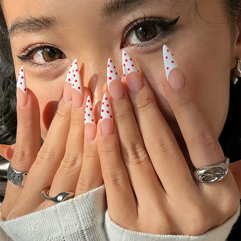 24Pcs White Polka Dot Simple Nails Art French Oval Wearable Fake Nails Stickers Short Almond Press on False Nail with Jelly Glue