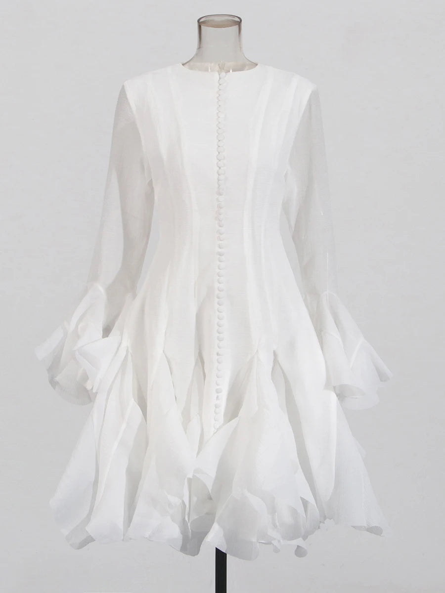 TWOTWINSTYLE Solid Spliced Button Slimming Dresses For Women O Neck Long Sleeve High Waist Patchwork Ruffles Female Fashion