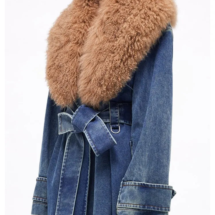 TWOTWINSTYLE Colorblock Patchwork Lace Up Denim Coat For Women Fur Collar Long Sleeve Loose Casual Trench Female Fashion Style