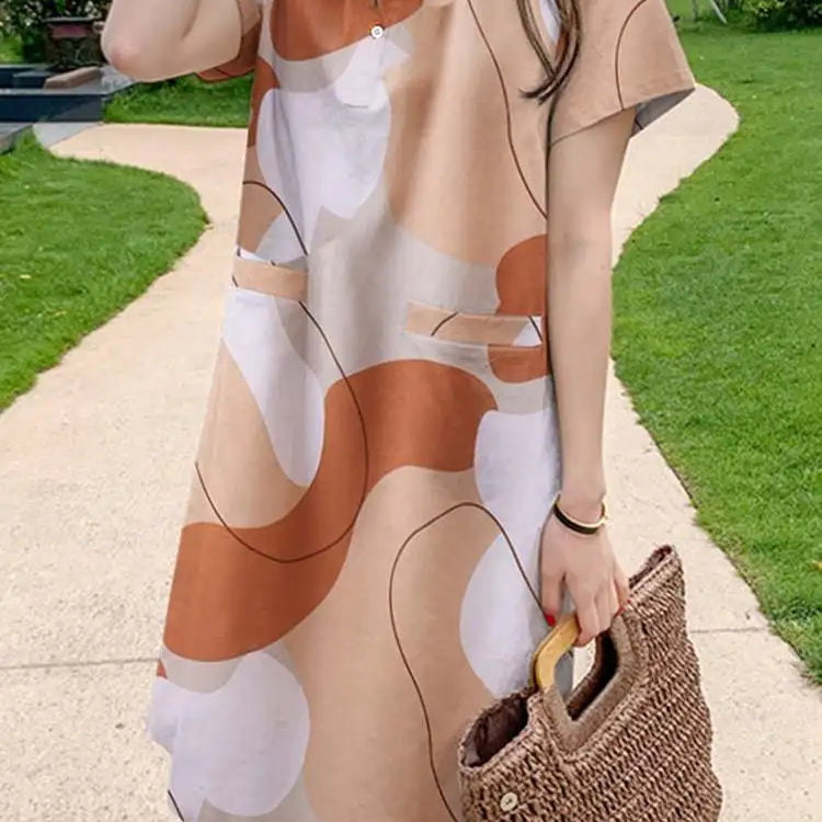 Casual Floral Print Dresses Women Holiday Short Sleeve Vestidos Oversize Shirt Robe Elegant Summer Mini Sundress Orange