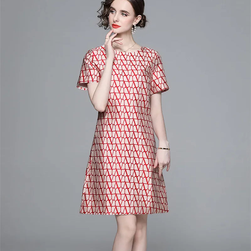 New Fashion Geometry Jacquard Short Sleeve Summer Dress Chic Elegant Temperament A-line Round Neck Dress Women Vestidos