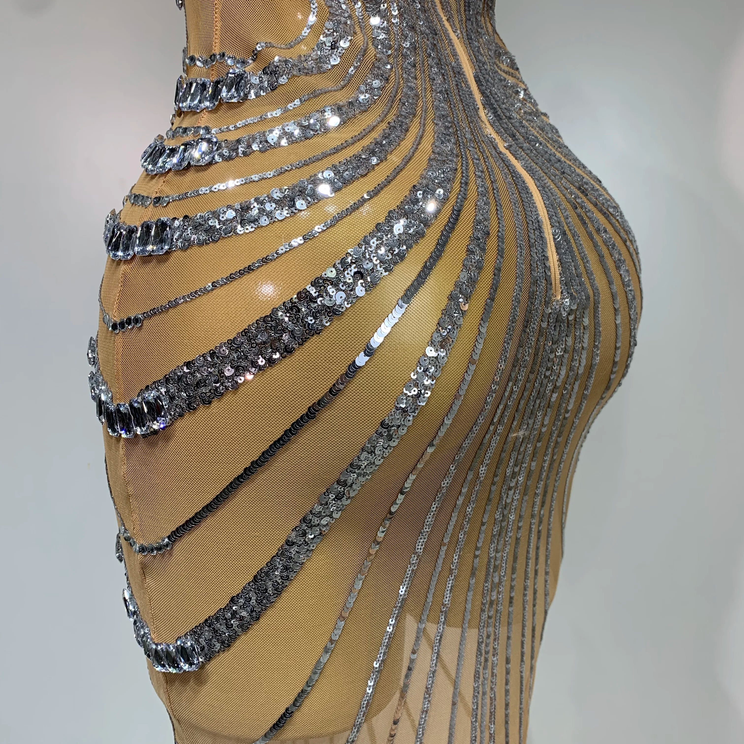 Sexy Silver Rhinestone White Mesh See Through Long Dress Women Luxury Birthday Party Prom Gown Singer Nightclub Stage Outfit