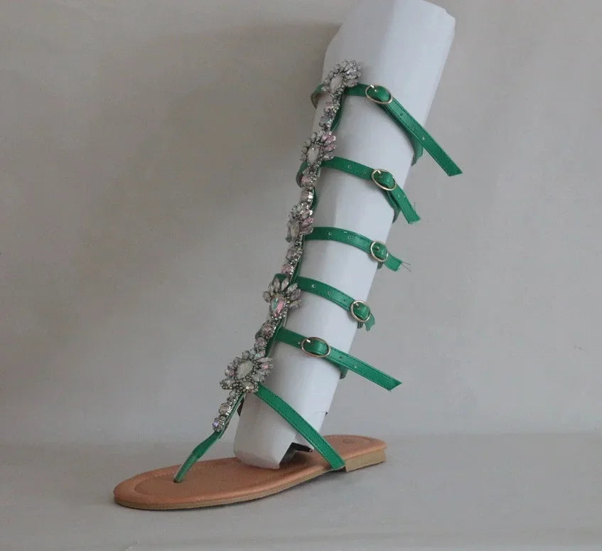 Flower Rhinestones Sandals Open Toe Flip Flops Gladiator Roman Women Bohemian Style Vacation Shoes Zapatos De Mujer Tacones